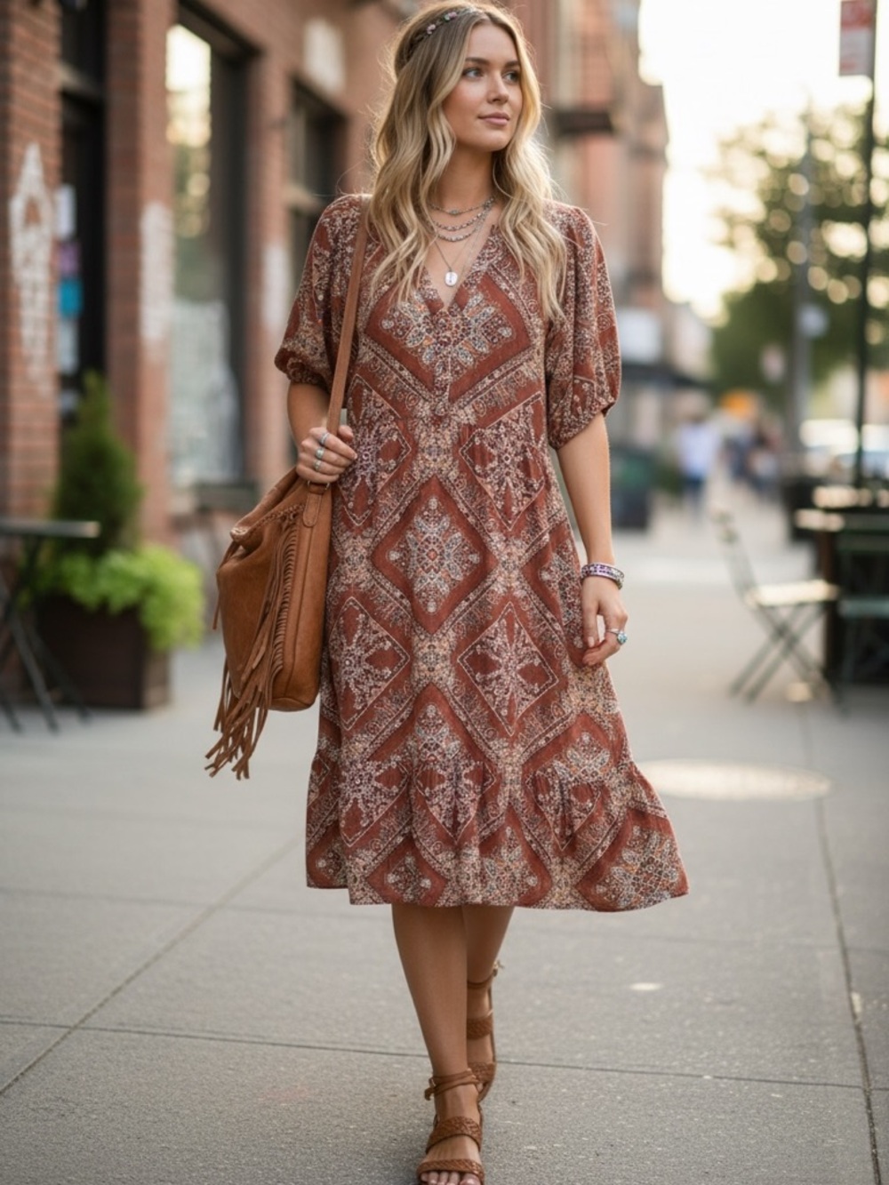 KNOX ROSE BOHEMIAN FLOWY PATCHWORK  COUNTRY CONCERT V NECK BOHO DRESS W POCKETS